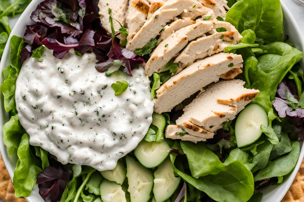 Greek yogurt chicken salad served on a bed of mixed greens, garnished with fresh herbs and accompanied by a whole wheat pita.