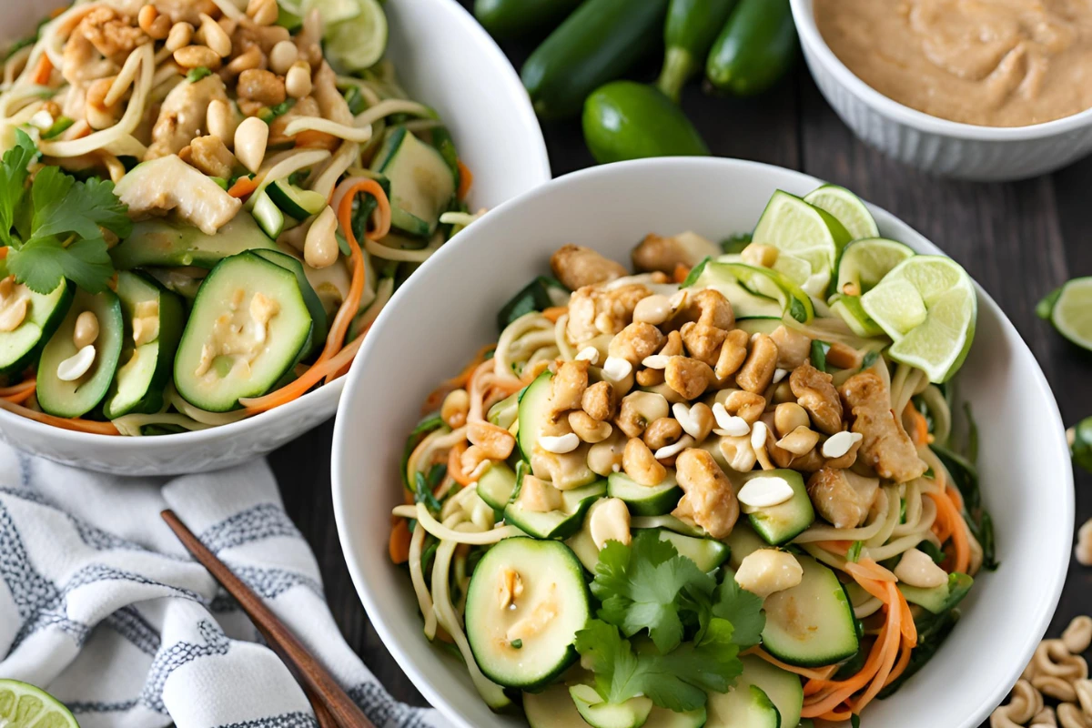 Delicious spiralized zucchini noodles topped with sautéed chicken and creamy peanut sauce, garnished with chopped peanuts and colorful veggies.