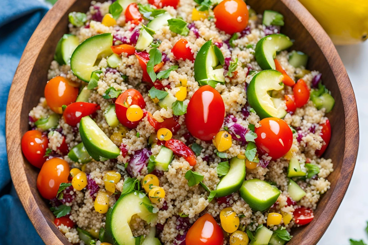 Colorful loaded veggie quinoa salad with cherry tomatoes, bell peppers, and cucumbers in a vibrant bowl, drizzled with lemon dressing